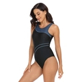 Detail of professional one-piece swimsuit with athletic color-block and sleek side lines - S / Gray