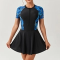 Robe de bain une pièce à manches courtes noire avec imprimé tropical et zip frontal - S / Noir