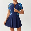 Robe de bain une pièce à manches courtes bleu marine avec imprimé palmier et zip - S / Bleu marine