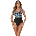 Detail of floral print V-neck one-piece swimsuit with mesh cutout and ruffle trim - Blue Floral