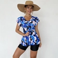 Détail du tankini floral avec col en V à cordon et manches à volants pour femme - S / Bleu