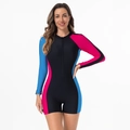 Detail view of long-sleeve surf swimsuit with front zipper and tri-color panels - XS / Blue and Red