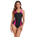 Costume intero nero da donna con inserti rosa a contrasto e design incrociato - S / Nero con Rosso Rosa