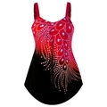 Detail of red and black gradient swimsuit top with peacock feather print and jewel detail - S / Red