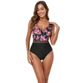 Detail of floral print V-neck swimsuit featuring mesh inserts and ruffle trim detail - Red Flower