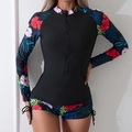 Women's two-piece long sleeve swimsuit set with tropical floral print and zipper - S / Black With Red Flowers