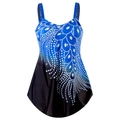 Detail of blue gradient tankini top with white rhinestone pattern and thin straps - S / Blue