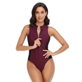 One-piece athletic swimsuit in burgundy with black side panels and front zipper design - S / Burgundy