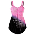 Detail of plus size V-neck swimwear with gradient pink peacock feather pattern - S / Pink
