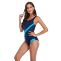 Sporty one-piece swimsuit in navy blue with light blue side stripes on white background - S / Blue