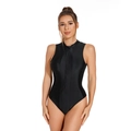 Sleek black sleeveless one-piece swimsuit featuring a front zipper and glossy stretch fabric - S / Black