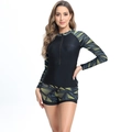 Detail of long sleeve swimsuit with front zipper and geometric pattern printing - S / Black with Gold Geometric