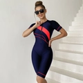 Costume da bagno intero blu navy con strisce arancioni e chiusura lampo frontale - S / Rosso