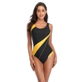 Sporty one-piece women's swimsuit in black and yellow color-block athletic design - S / Yellow