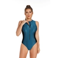 Teal and black one-piece sleeveless surfboard swimsuit with front zipper closure - S / Blue