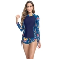 Detail of floral long sleeve surfing swimsuit with adjustable drawstring side shorts - S / Blue