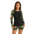 Dettaglio del costume da bagno due pezzi a maniche lunghe con stampa tropicale e zip - S / Nero