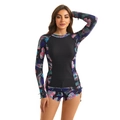 Women's two-piece long sleeve surfing swimsuit with tropical floral print and shorts - S / Black