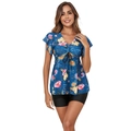 Close-up of floral print tankini top with V-neckline drawstring and ruffled sleeves - S / Top And Bottom / Teal