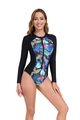 Dettaglio rash guard da donna a maniche lunghe con stampa tropicale e zip frontale - S / Blu