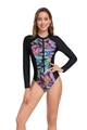Dettaglio costume intero a maniche lunghe con stampa tropicale e zip sul davanti - S / Foglie Viola