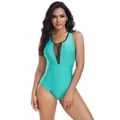 Detail of cyan one-piece swimsuit featuring black mesh V-neckline and slim-fit waist - S / Emerald Green