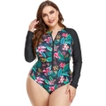 Detail view of long-sleeve surfing swimsuit with tropical floral print and front zipper - 0XL / Black Printed