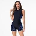 Maillot de bain une pièce noir pour femme avec imprimé palmier bleu et fermeture éclair - XS / 1075 Bleu