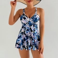 Detail of V-neck tankini swim dress with tropical floral print and wide straps - S / Black