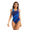 Detail of color-block one-piece swimsuit in navy and bright blue with sporty diagonal lines - S / Dark Blue