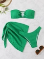 Flachbild des strukturierten grünen 3-teiligen Bikinis mit Ringdetail und passendem Strandrock - S / Grün