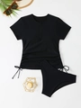 Traje de baño negro de dos piezas con cremallera frontal y detalles de cordón lateral - S / Top Y Pantalón / Negro