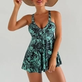 Detail of bohemian paisley print tankini swimsuit with V-neck and ruffled skirt - S / Green