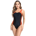 Costume da bagno sportivo intero nero e arancione con pannelli a contrasto da donna - S / Nero+Rosa Fucsia