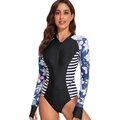 Women's long sleeve rash guard swimsuit with slimming stripes and floral print - S / Black