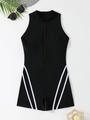 Women's black one-piece athletic swimsuit with front zipper and side stripes - S / Black/White Striped