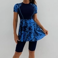 Detail of short sleeve floral swim dress with protective high-elastic surfing fabric - S / Navy Blue
