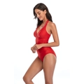 Red one-piece swimsuit with deep V-neck, beaded trim, and side ruched waist details - S / Red