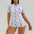 Floral print short sleeve surf swimsuit with front zipper and side drawstring detail - S / White Floral
