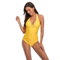 Sexy yellow deep V-neck one-piece swimsuit with striped trim and slimming waist ruching - S / Yellow