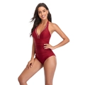Burgundy halter one-piece swimsuit with V-neck and ruched tummy control design - Burgundy