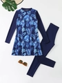 Two-piece long sleeve swimwear with blue tropical leaf print and matching leggings - S / Blue