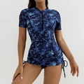 Short sleeve two-piece surfing swimsuit with floral print and side drawstring details - S / Navy Stars
