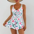 Bañador de vestido con escote en V para mujer, estampado floral y cintura alta - S / Pink Floral Style