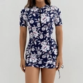 Short sleeve floral surf swimsuit with front zipper detail and navy blue floral print - S / Royal Blue Floral