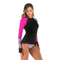 Detail of long sleeve swim top with vibrant geometric prints and pink contrast sleeve - S / Rose Red