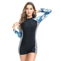 Detail of long sleeve swimsuit with floral print sleeves and front zipper closure - S / Black