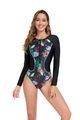 Detalle frontal del traje de surf de manga larga con estampado floral tropical y cremallera - S / Hoja Verde