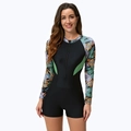 Dettagli della stampa tropicale e zip frontale sul costume da bagno da surf a maniche lunghe - S / Nero