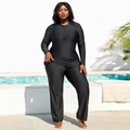 Close-up of black long-sleeve two-piece plus-size swimwear with half-zip detail - 0XL / Black